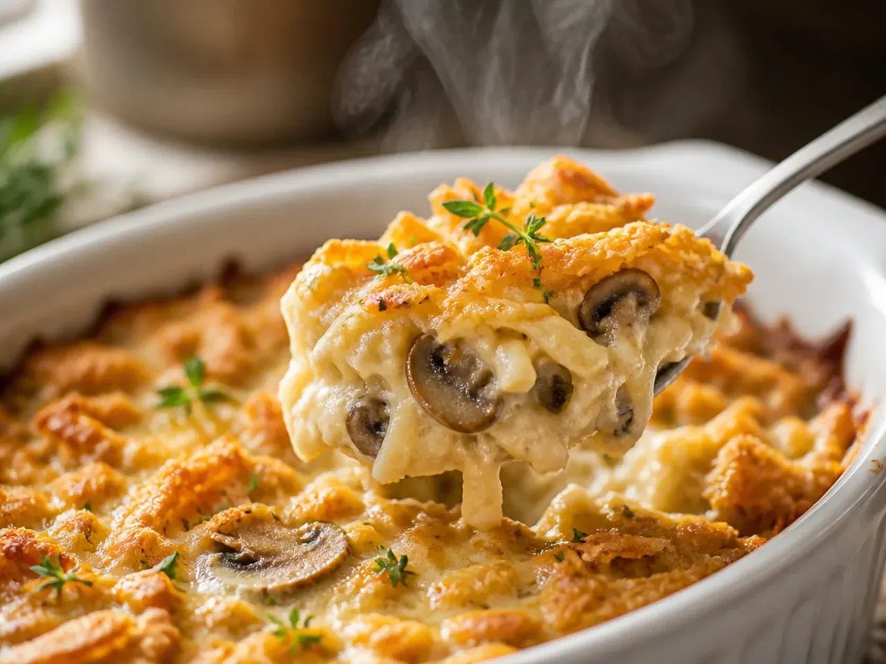 Cozy mushroom and Swiss cheese hashbrown casserole with visible sautéed mushroom pieces