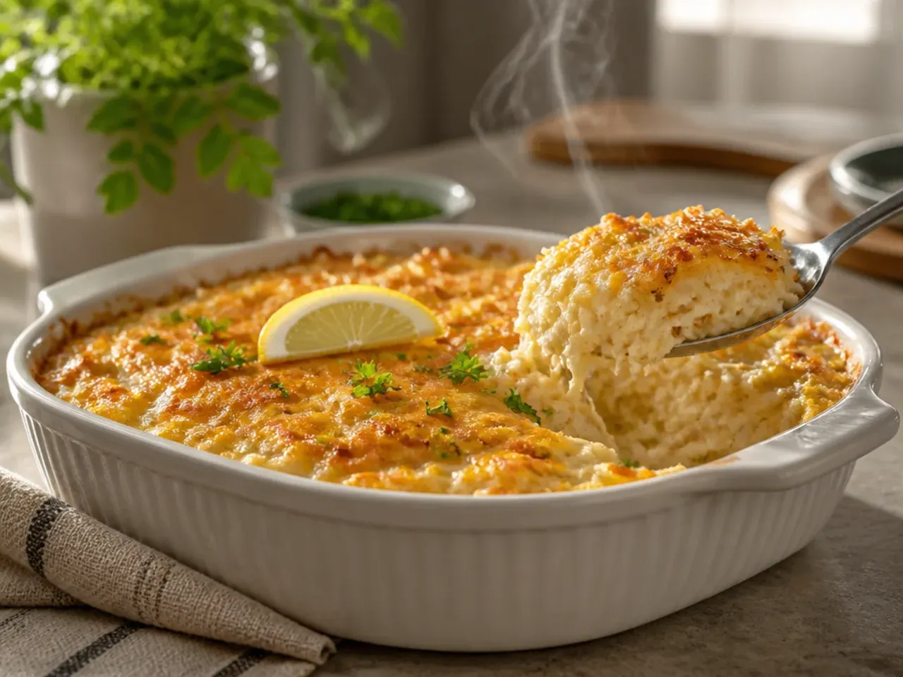 Ranch-seasoned hashbrown casserole garnished with fresh dill and chives