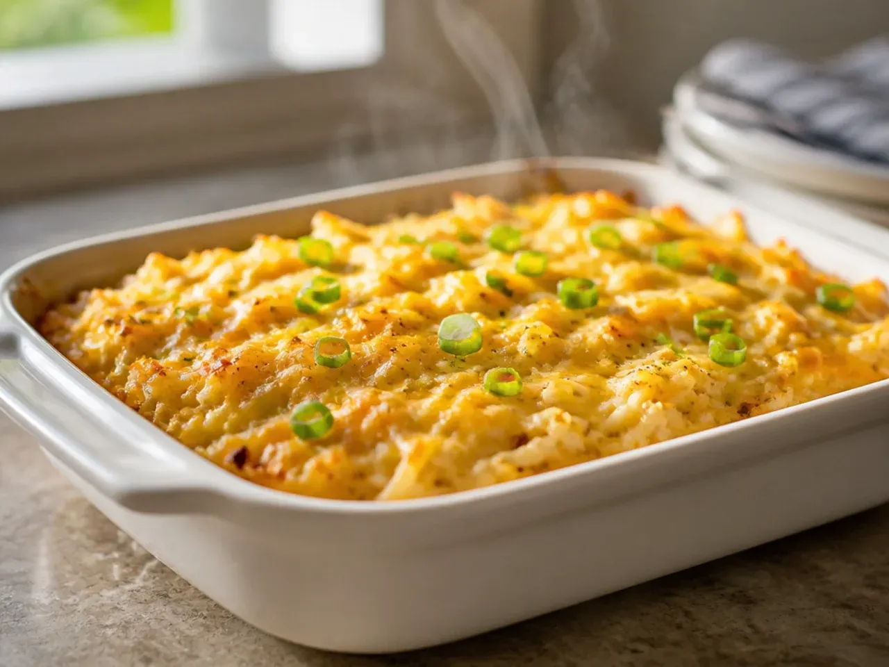 Dairy-free hashbrown casserole made with plant-based cheese and sour cream alternatives