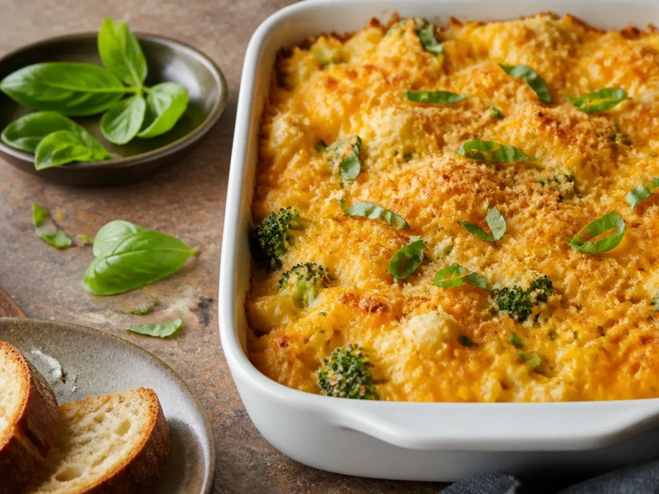 Cheesy broccoli cheddar hashbrown casserole with visible green broccoli florets