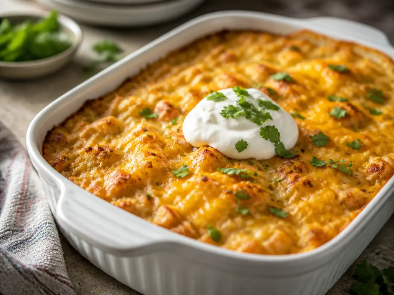 Two large holiday-sized hashbrown casseroles ready for a family gathering table