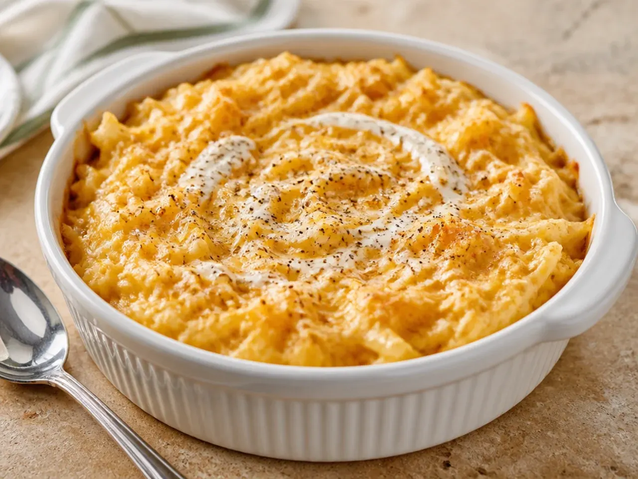 Budget hashbrown casserole stretched with extra potato and a homemade white sauce instead of canned soup