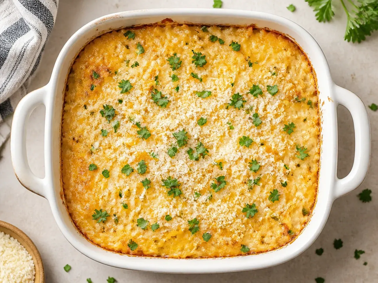 Individual ramekins of air-fryer hashbrown casserole with golden crispy tops
