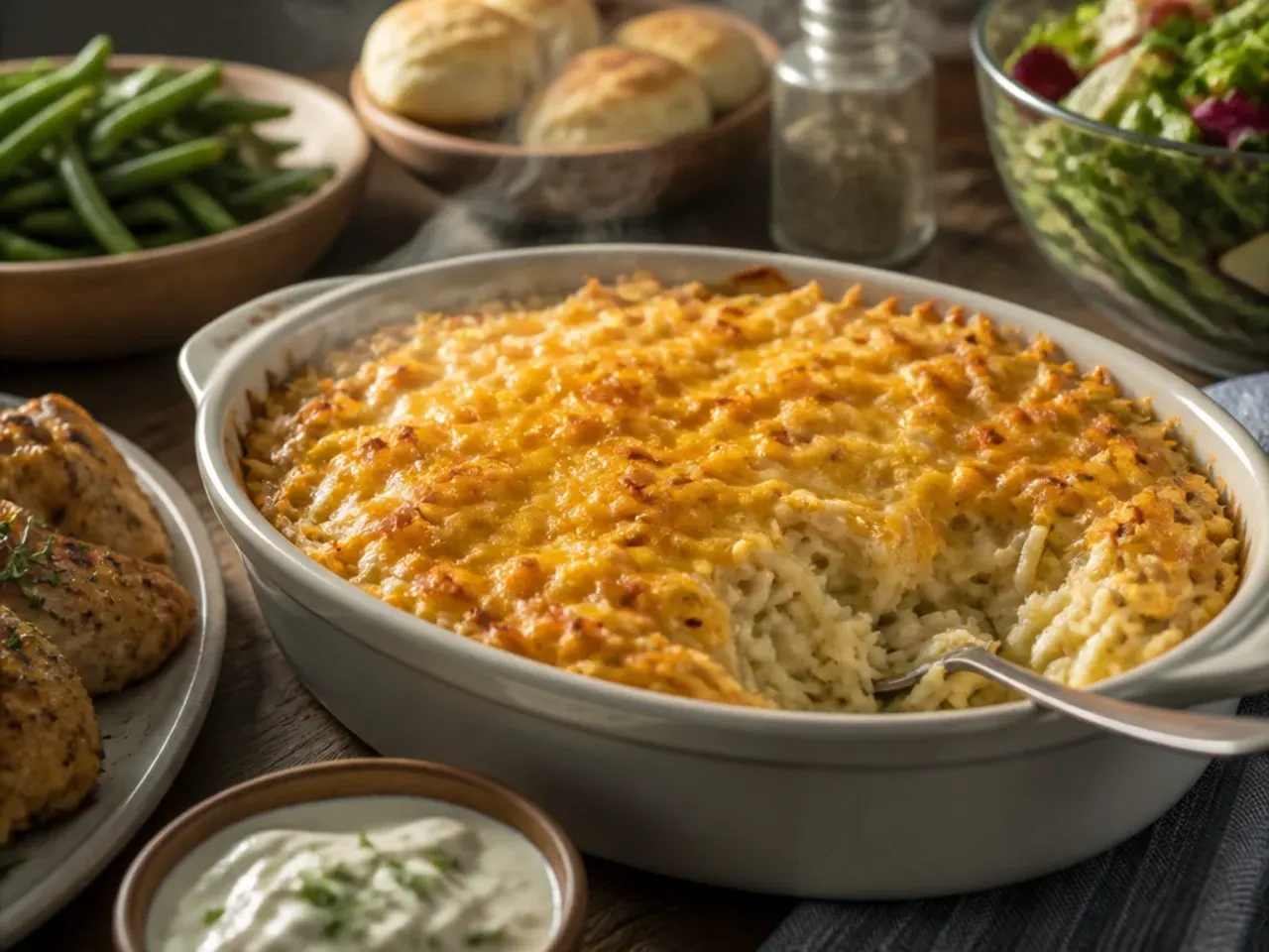 Cracker barrel hashbrown casserole served on a dinner table alongside roast chicken and salad