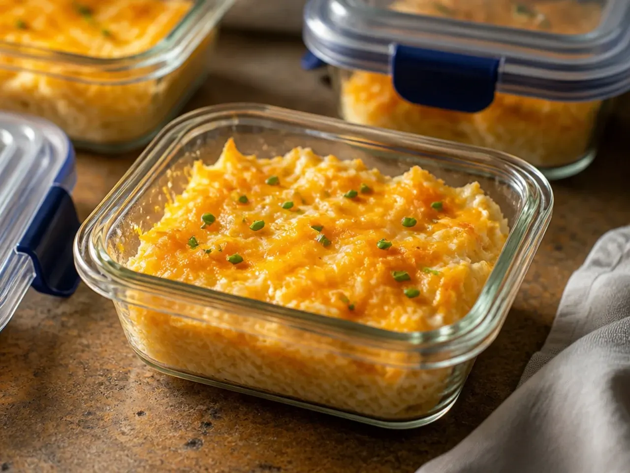 Leftover hashbrown casserole portioned into an airtight storage container
