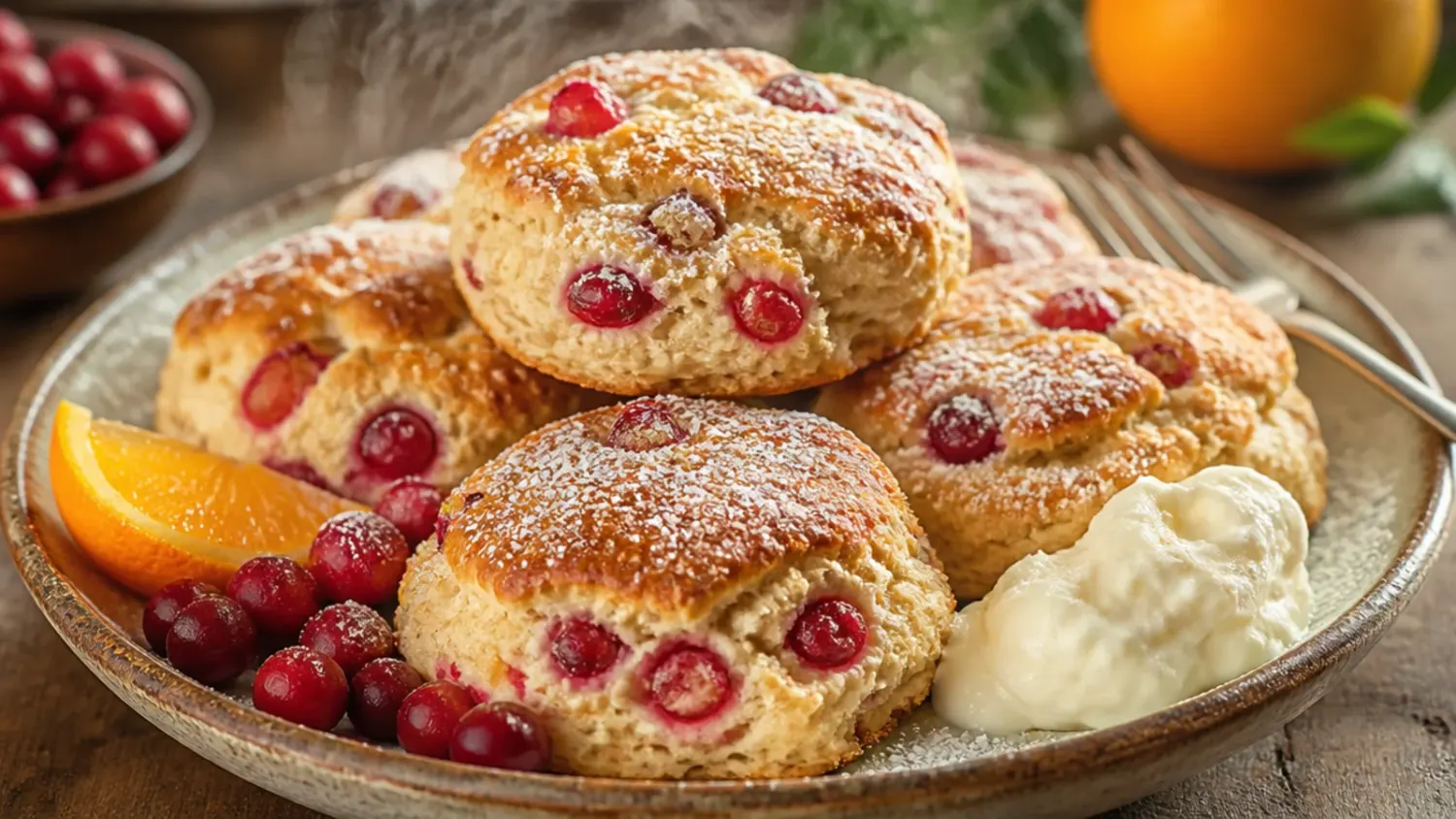 Stack of glazed cranberry orange scones on a rustic wooden board with fresh cranberries and orange slices scattered around