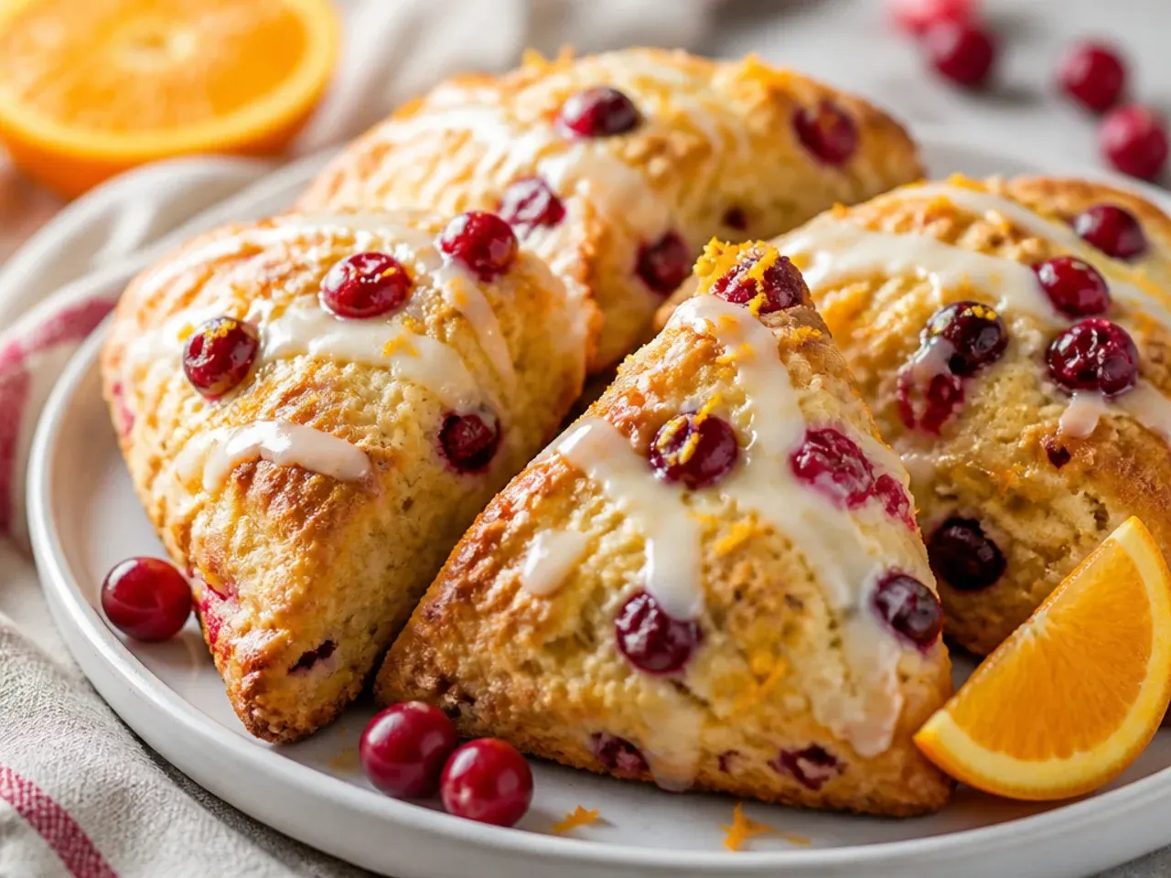 Golden cranberry orange scones stacked on a wire rack with orange glaze dripping down the sides