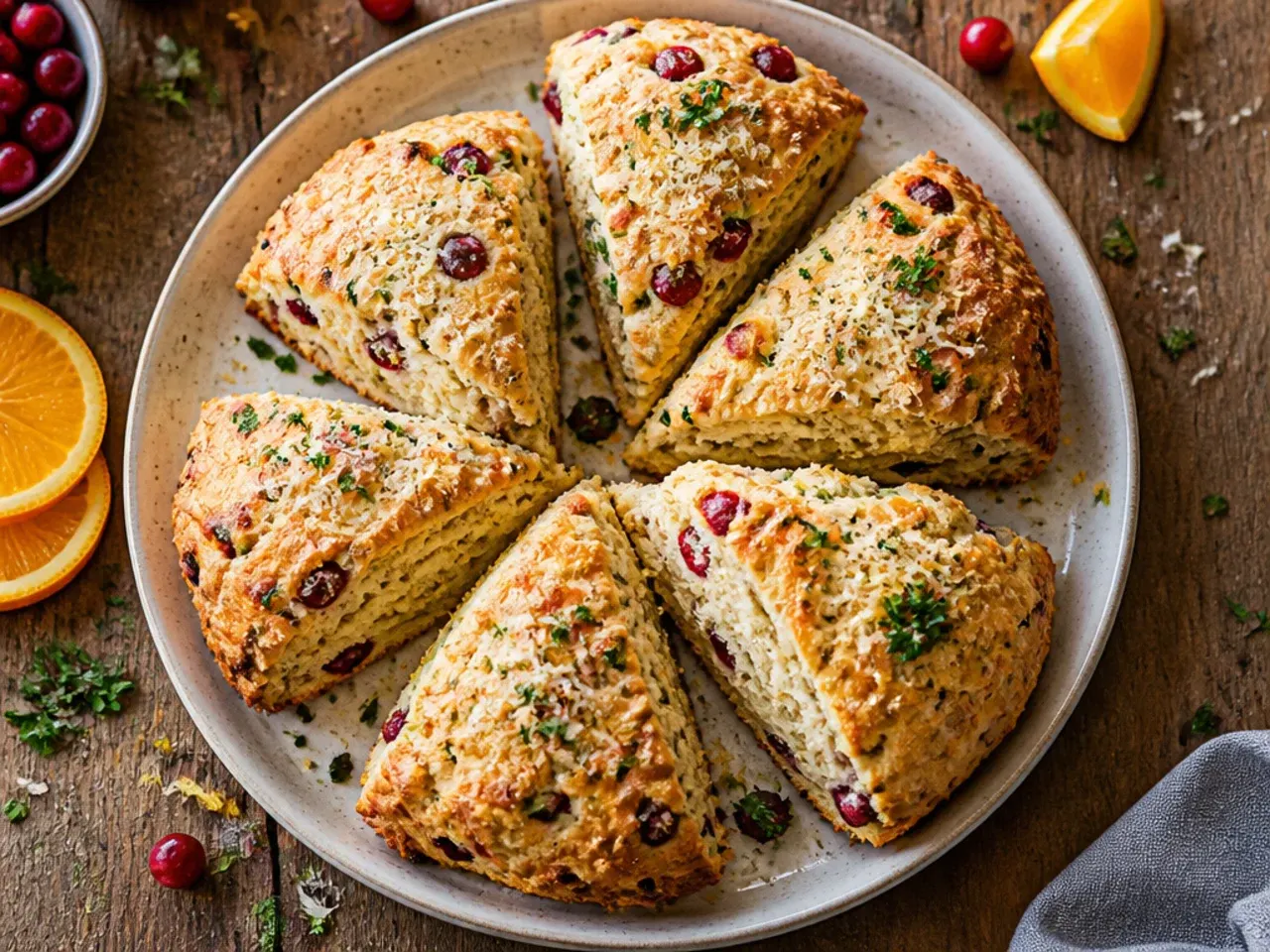Classic cranberry orange scone wedges cooling on a baking tray