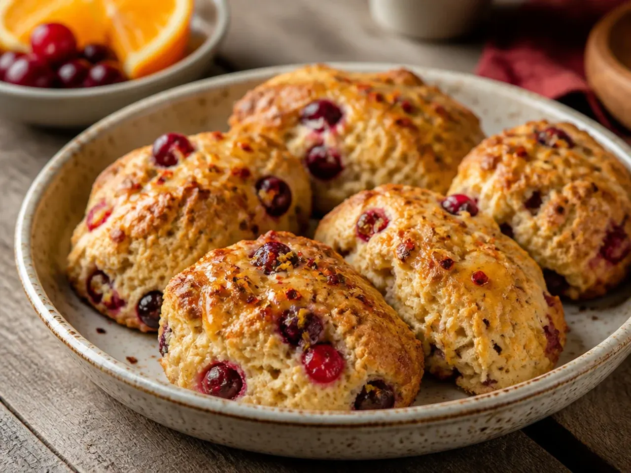 Unglazed cranberry orange scones dusted with icing sugar on a plate