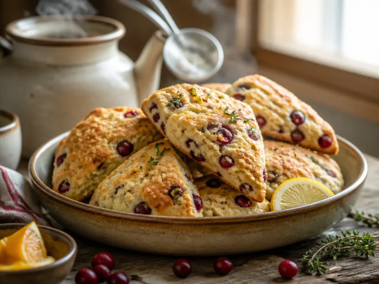 Spiced cranberry orange scones topped with demerara sugar crystals