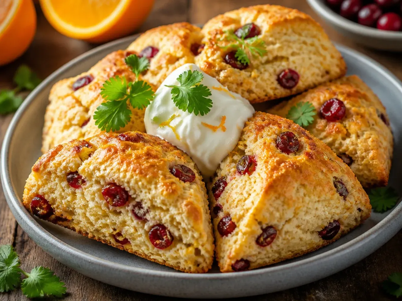 Orange zest and juice being added to cranberry scone dough