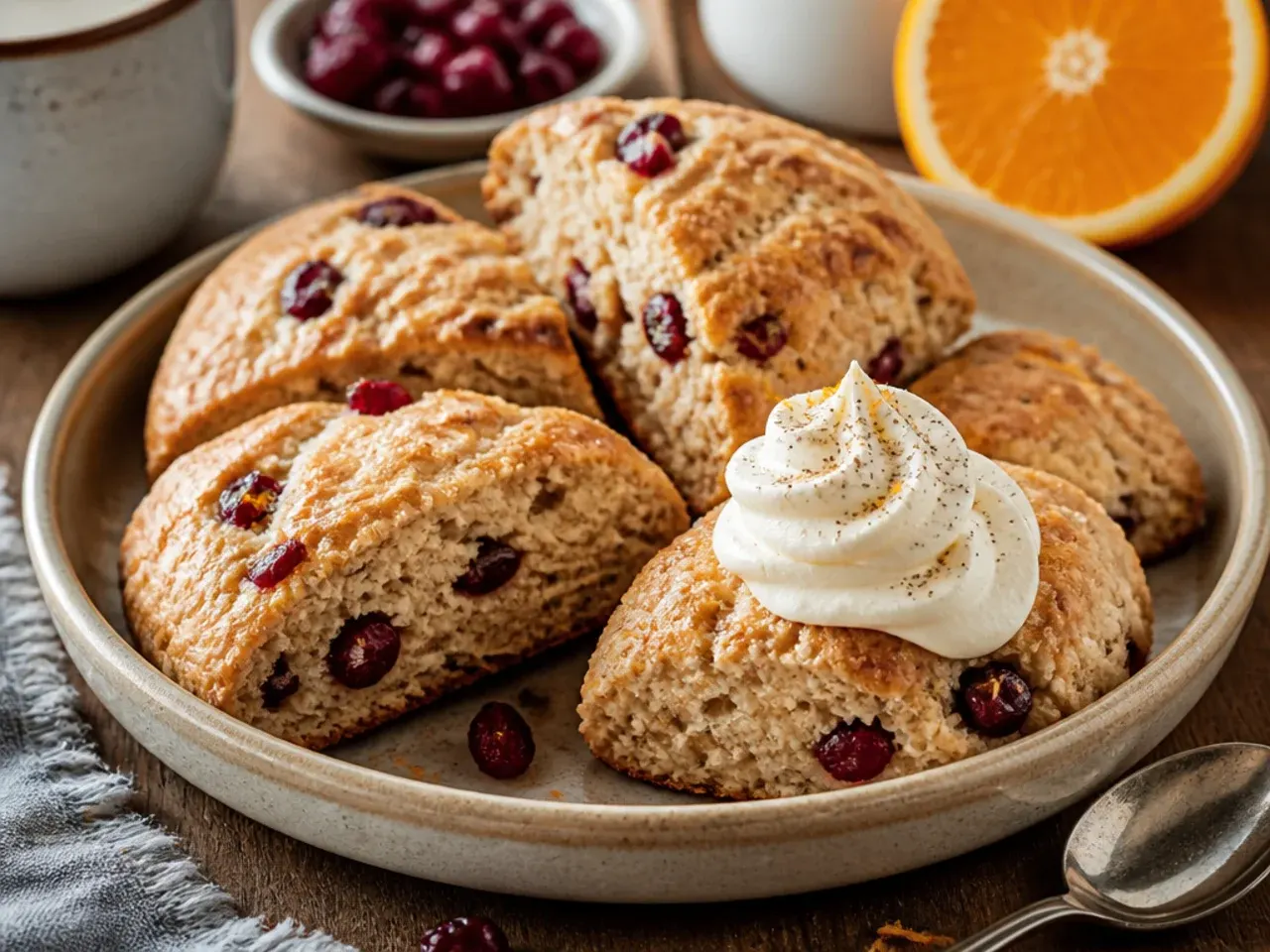 Wholemeal cranberry orange scones with a rustic, nutty-brown crumb