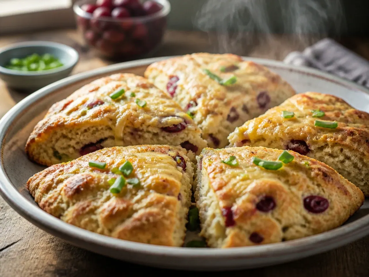 Large tray piled with a double batch of cranberry orange scones