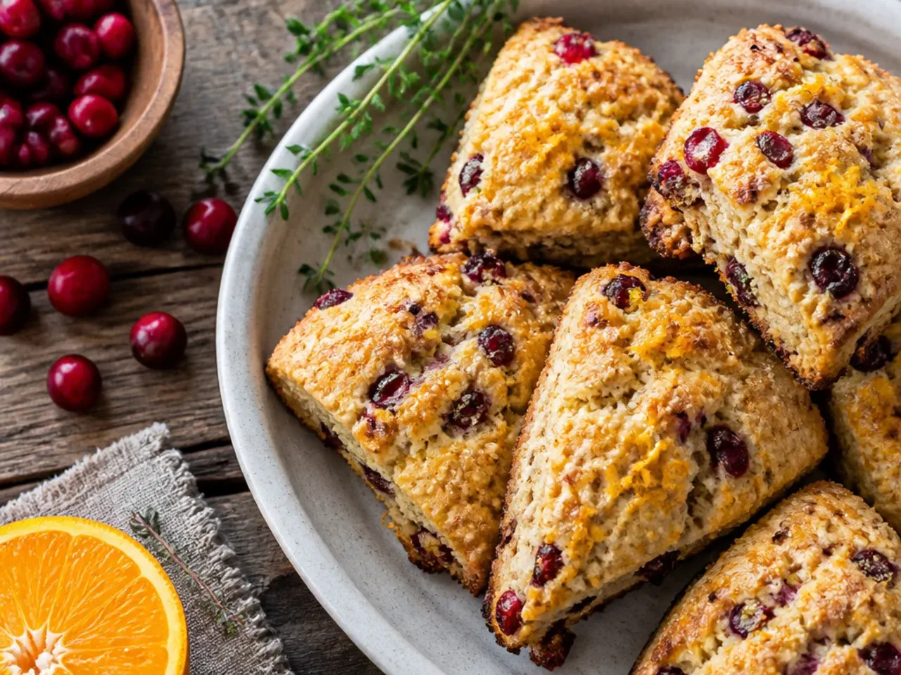 Tall, flaky bakery-style cranberry orange scones split open to show layers