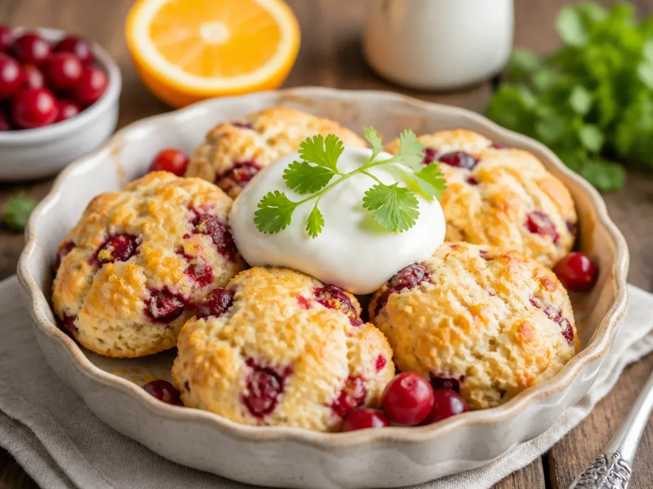 Quick cranberry orange scones fresh out of the oven on a sheet pan