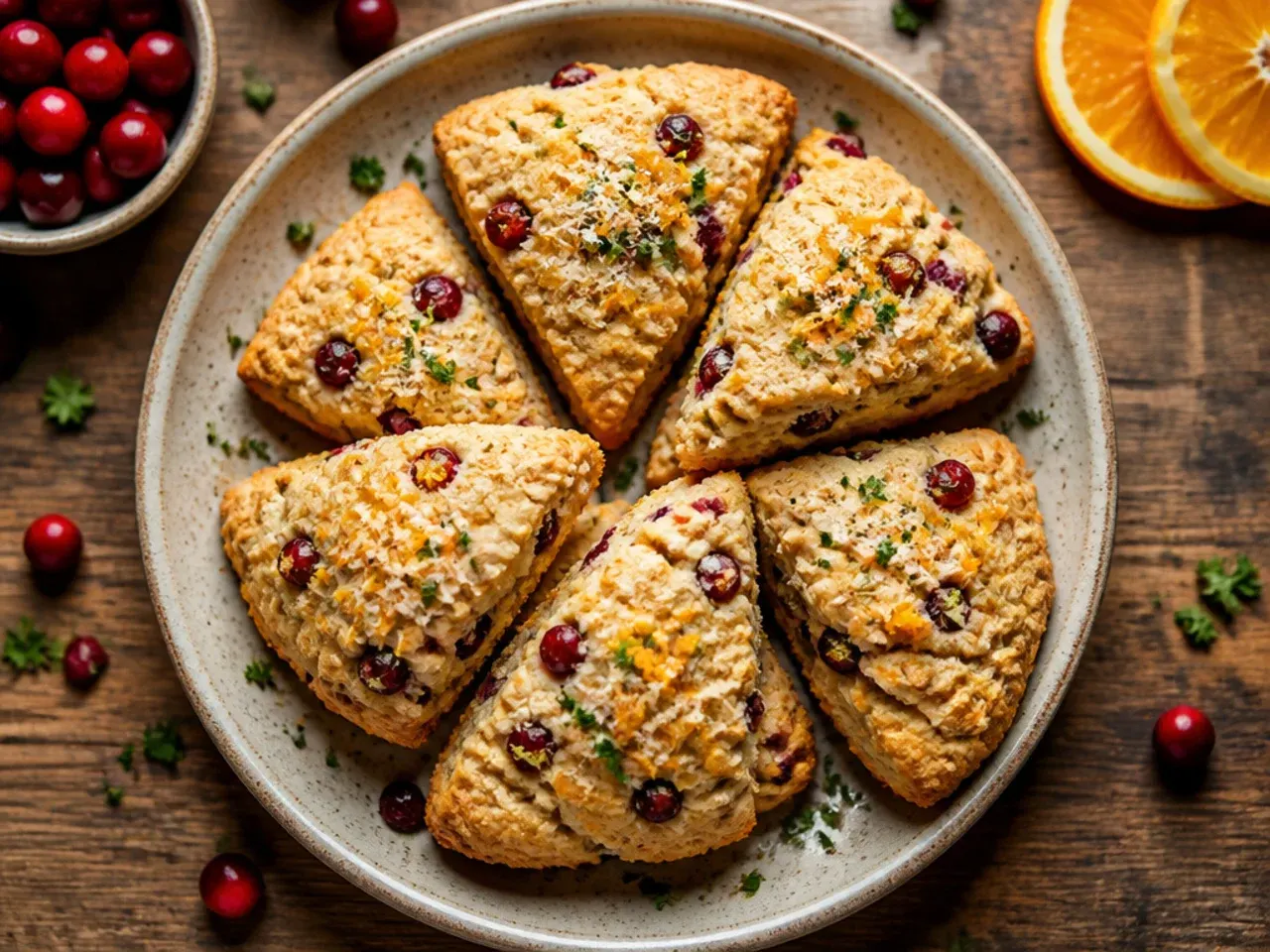 Vegan cranberry orange scones with a glossy orange glaze