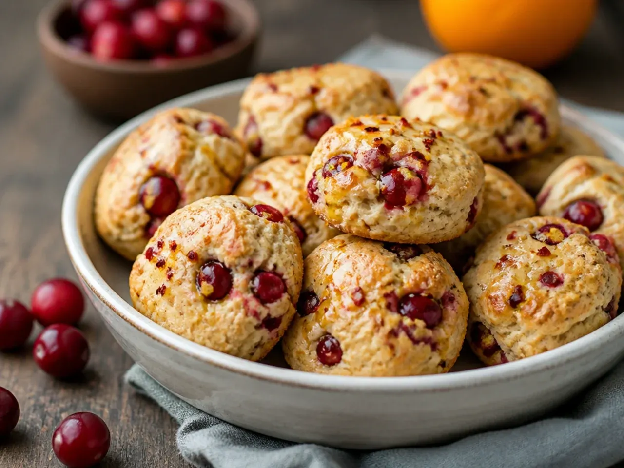 Mini cranberry orange scones arranged on a tiered tea stand