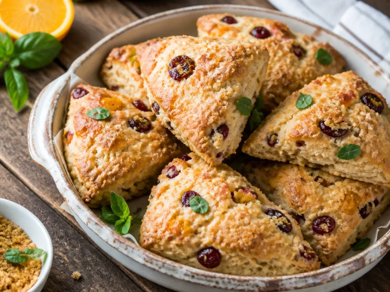 Orange-cardamom scones dusted with icing sugar on a serving board