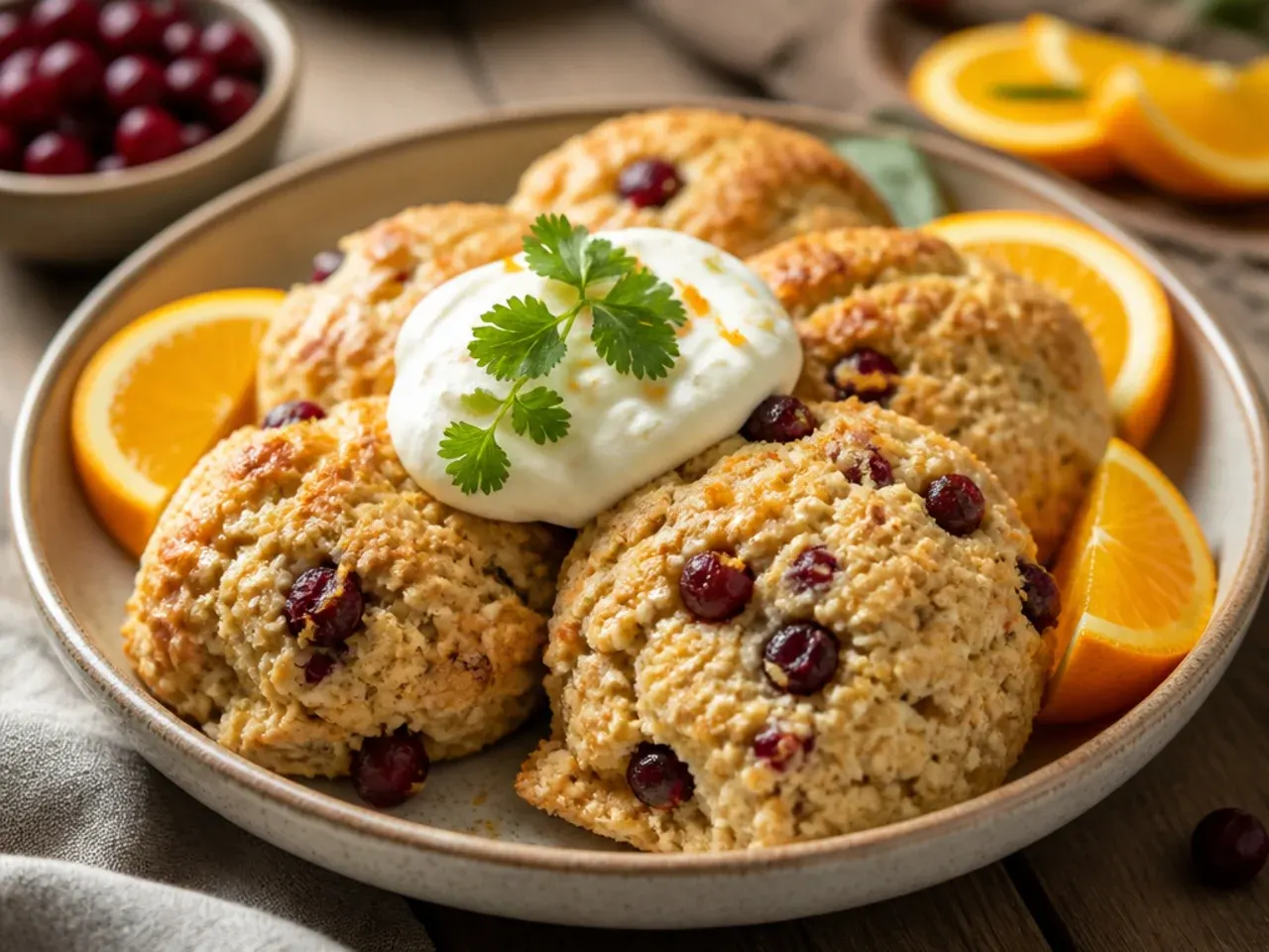Oat and cranberry scones with a textured, rustic top