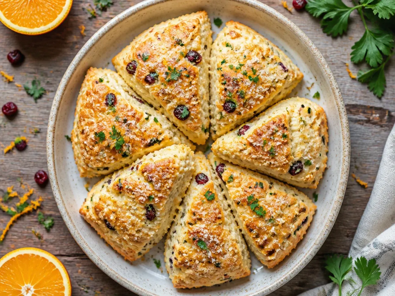 Unbaked cranberry orange scone wedges frozen on a tray ready for a freezer bag