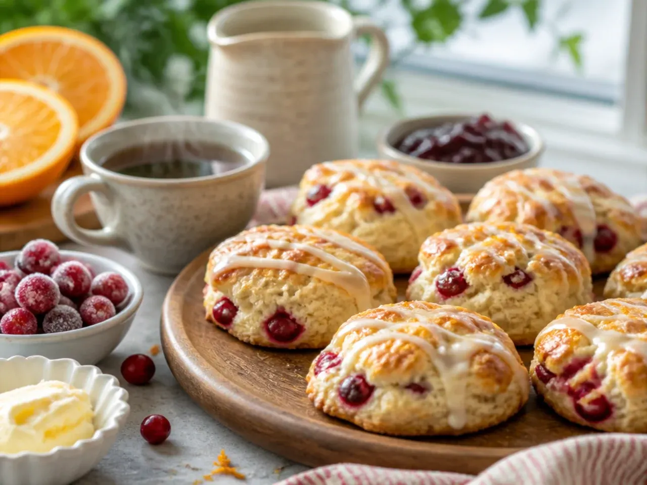 Cranberry orange scone split open and spread with butter and clotted cream
