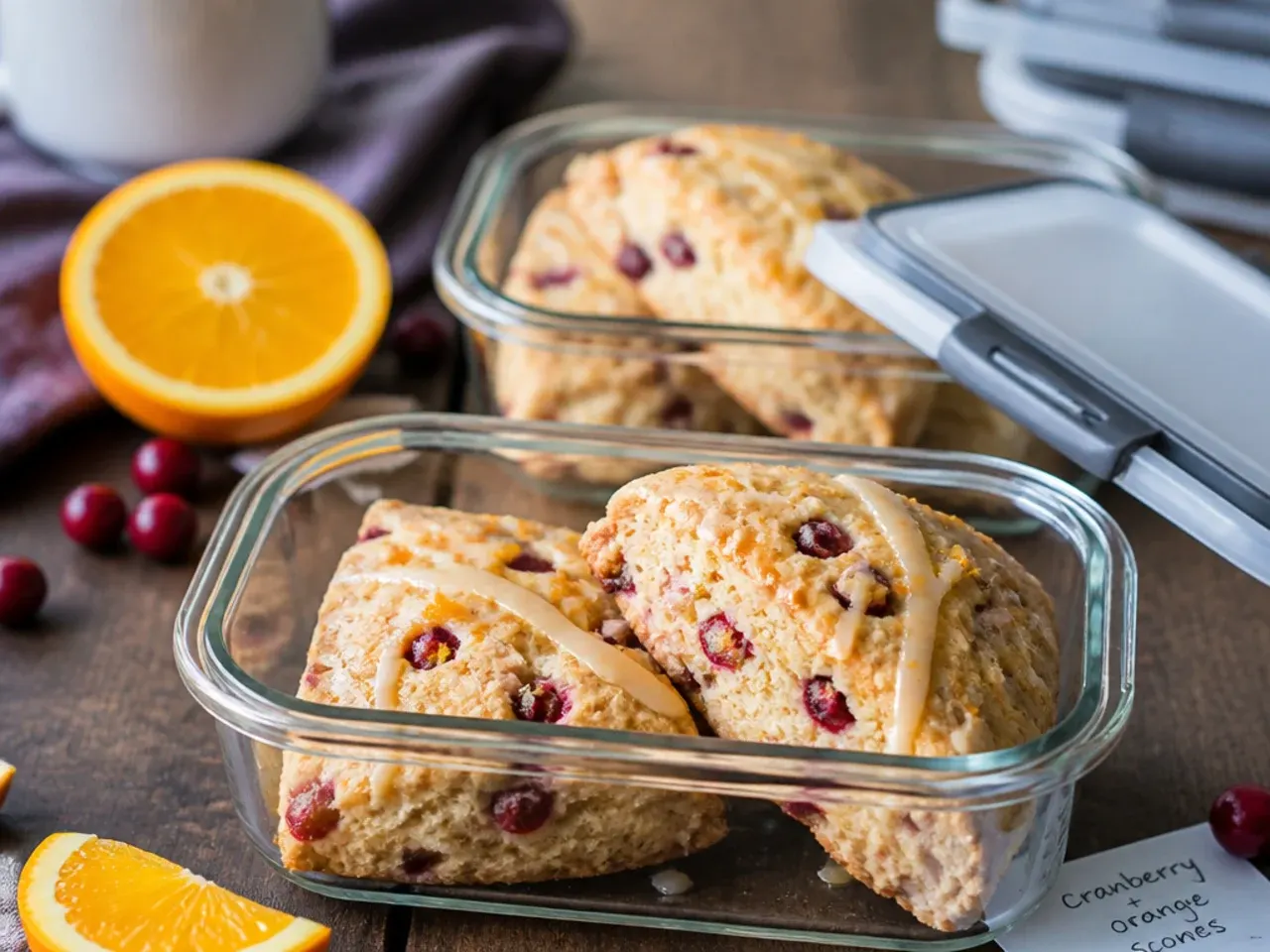 Baked cranberry orange scones stored in an airtight container