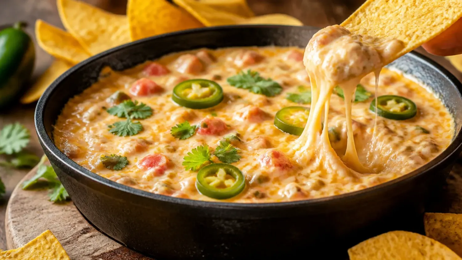 A skillet of creamy cream cheese rotel dip with melted cheese, browned sausage and diced tomatoes, surrounded by tortilla chips