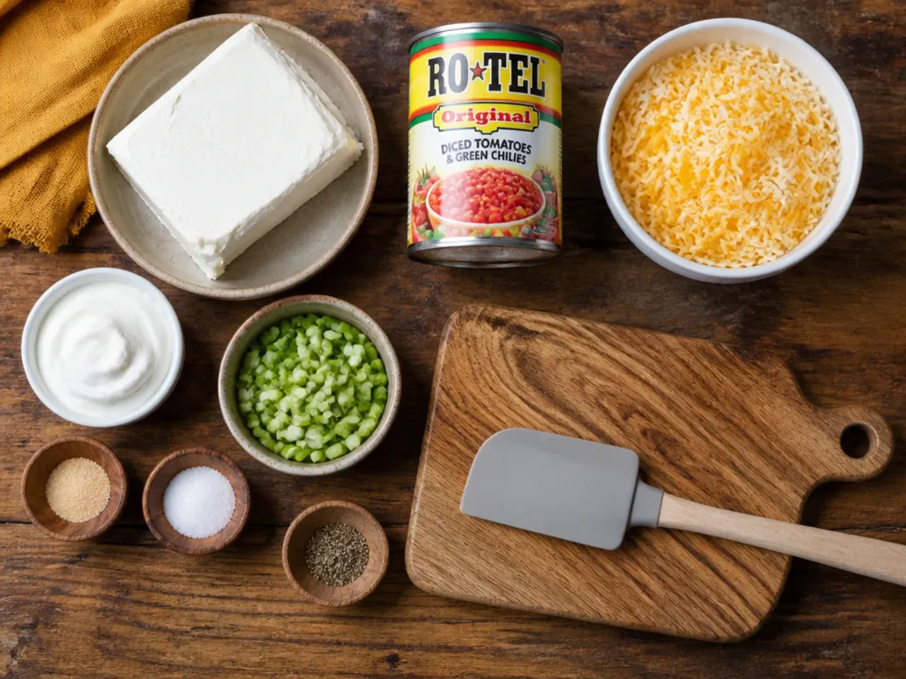 Close-up of cubed cream cheese and Velveeta being stirred into a skillet of rotel dip