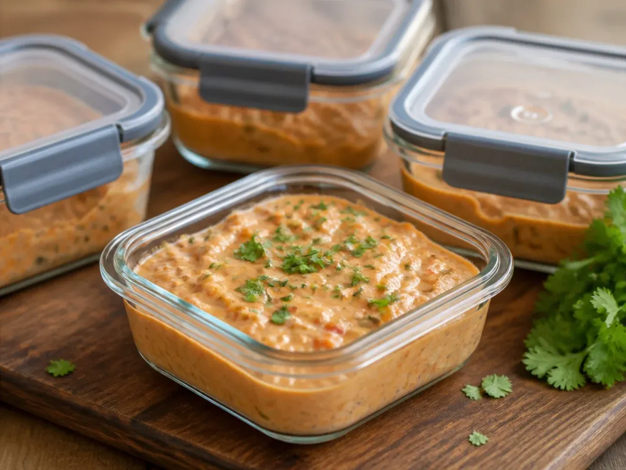 Airtight container of leftover cream cheese rotel dip being reheated in a small saucepan