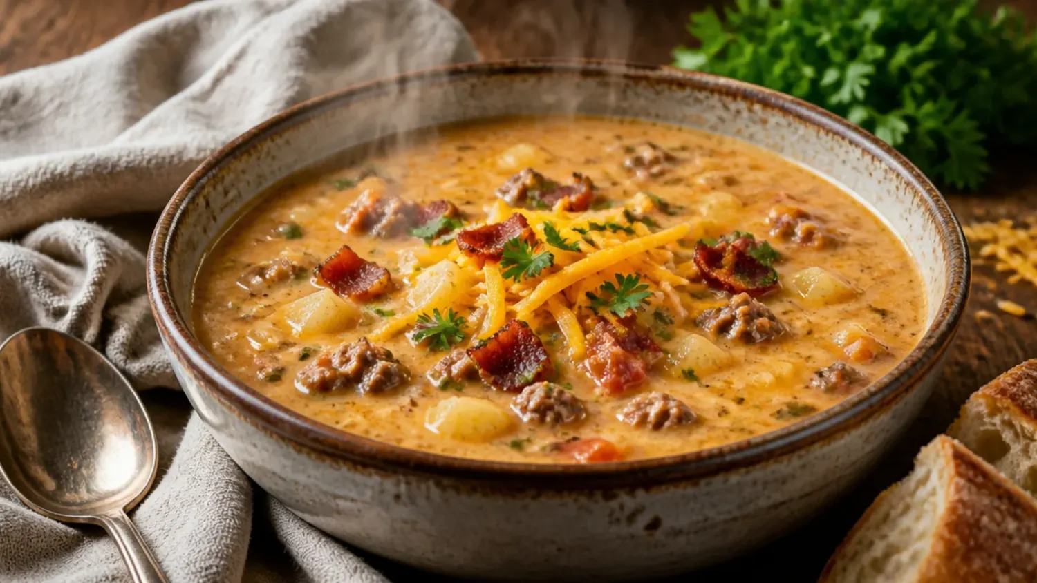 Overhead shot of a bowl of creamy cheeseburger soup topped with shredded cheddar, crispy bacon bits and sliced spring onion, with a spoon resting in the bowl.