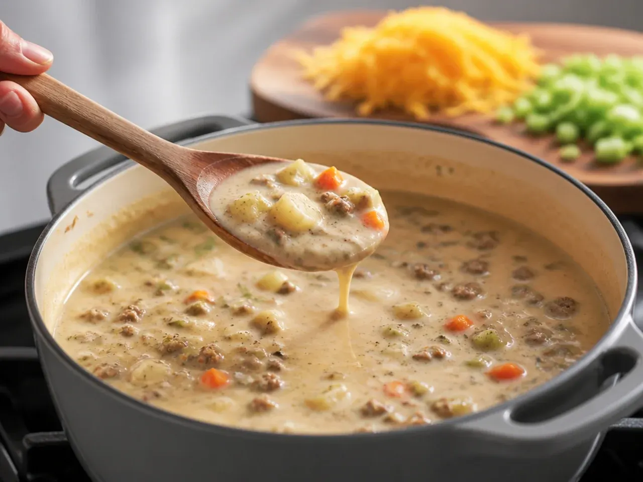 creamy cheeseburger soup recipe step 30
