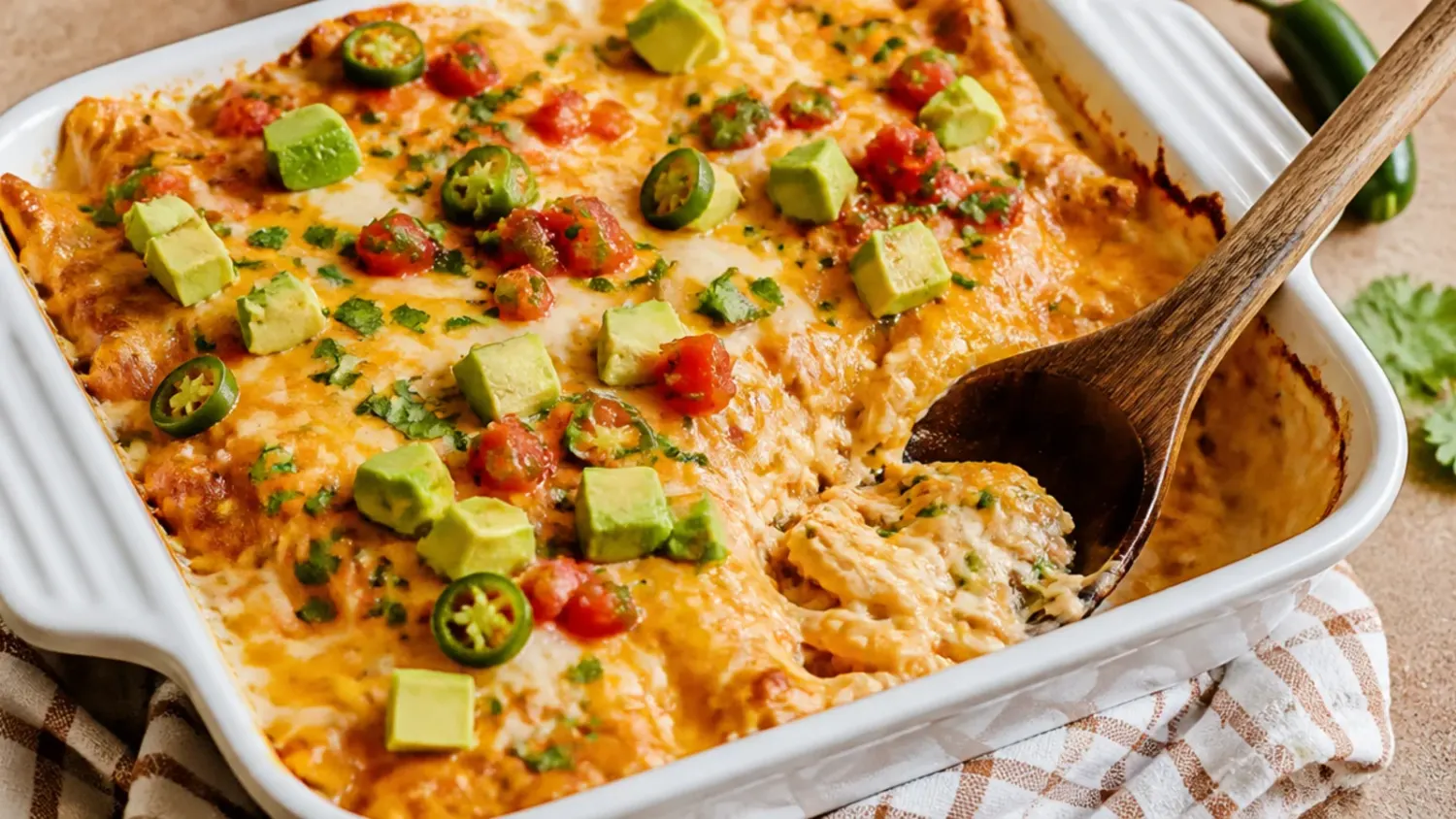 Overhead shot of a creamy chicken enchilada casserole in a white baking dish, bubbling with melted cheese and topped with fresh coriander and lime wedges