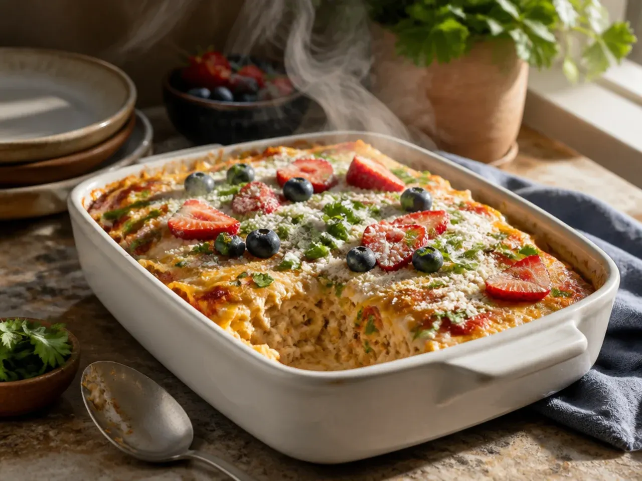 Enchilada casserole resting on a wire rack with a knife nearby