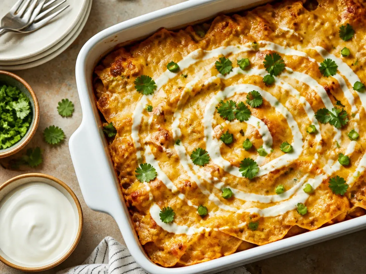 Sour cream being whisked into red enchilada sauce in a saucepan