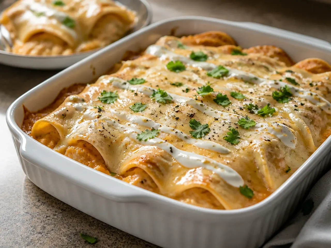 Thin layer of enchilada sauce being spread across the bottom of a baking dish