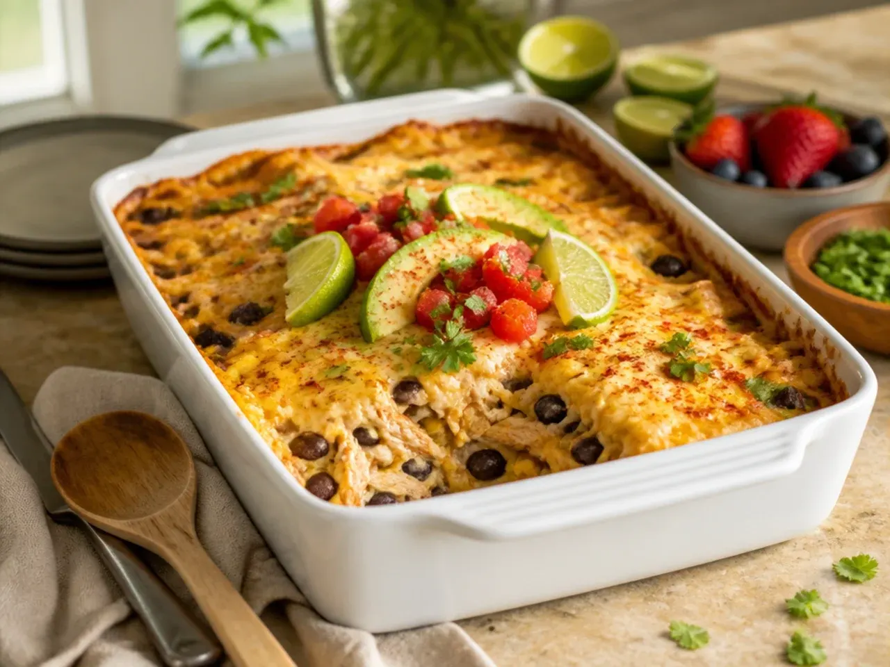 Black beans and sweetcorn kernels mixed into shredded chicken