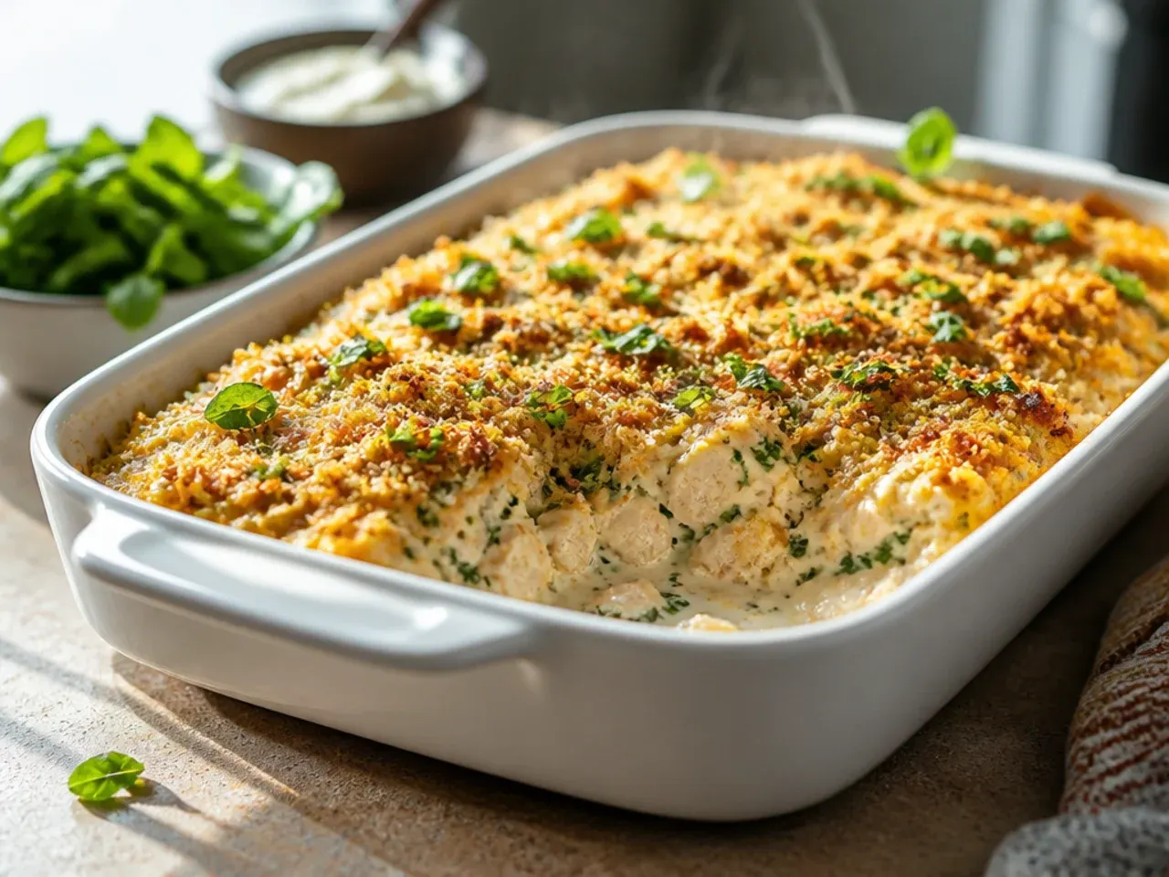 Assembled unbaked enchilada casserole in a foil tray ready for the freezer