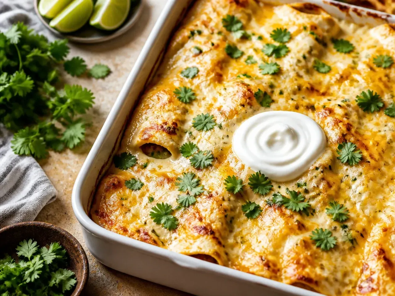 Fresh coriander and lime wedges being added on top of the baked casserole