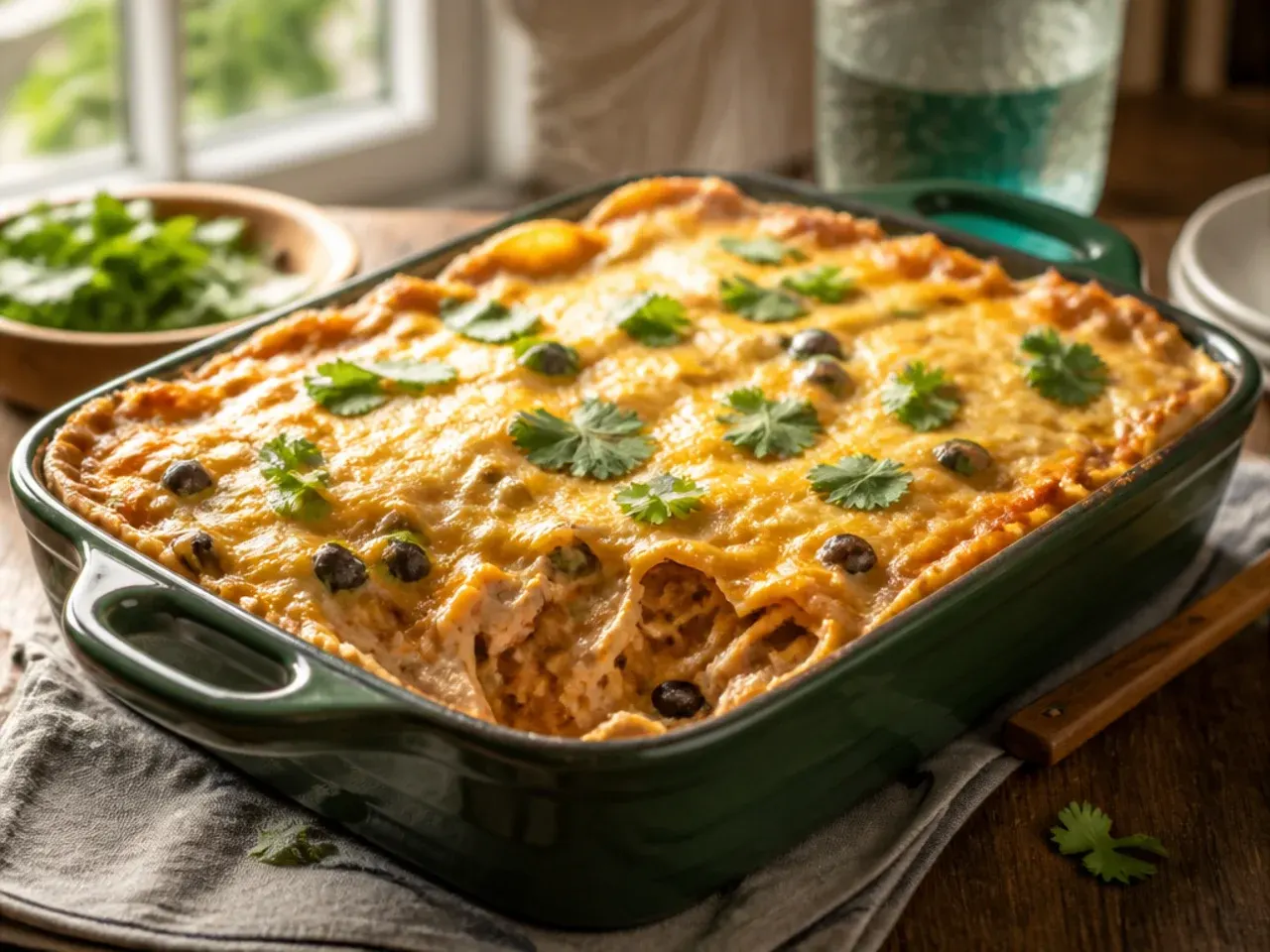 Slice of creamy chicken enchilada casserole being lifted from the dish on a spatula