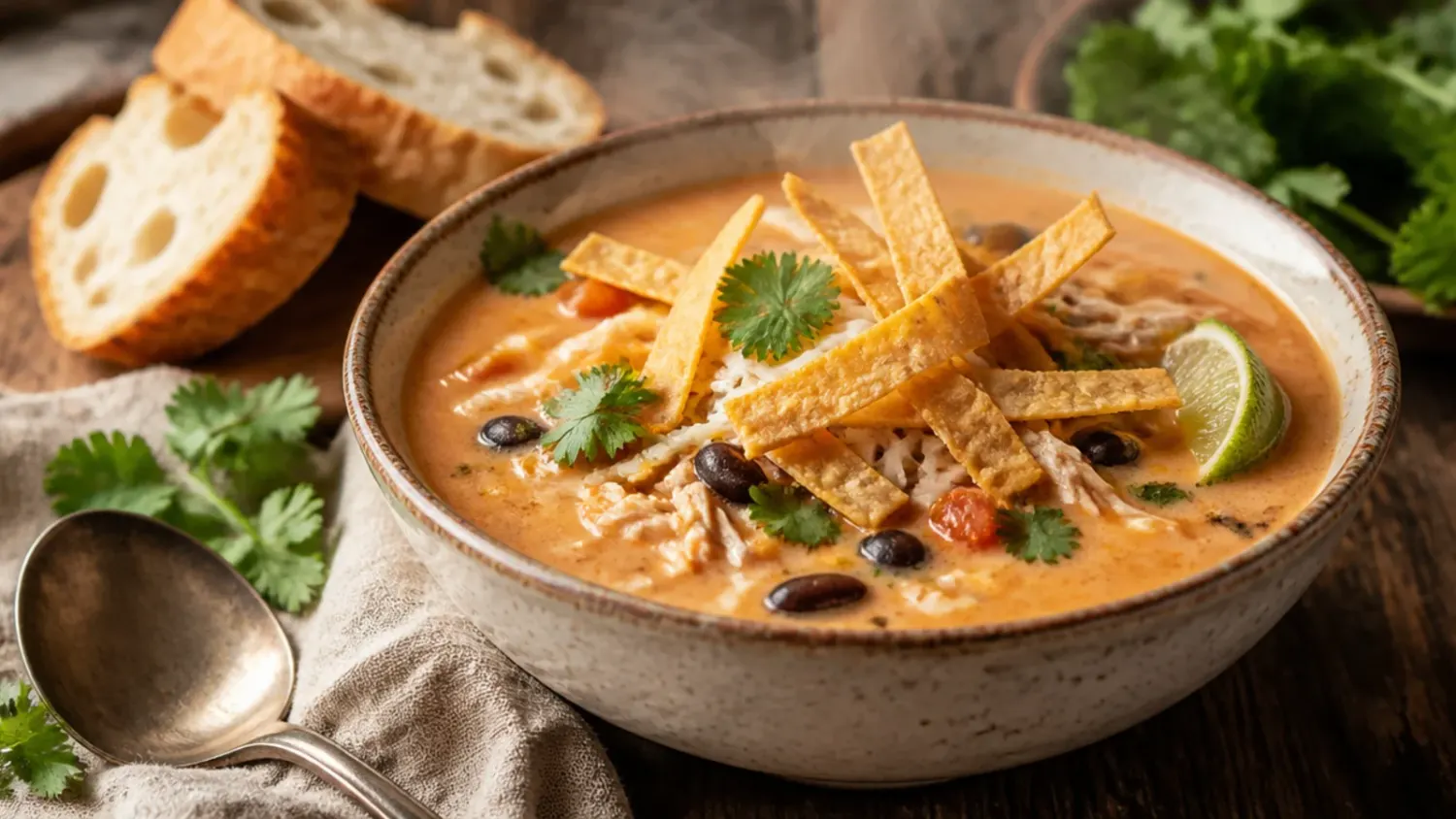 Overhead shot of a bowl of creamy chicken tortilla soup topped with crispy tortilla strips, avocado, and melted cheese