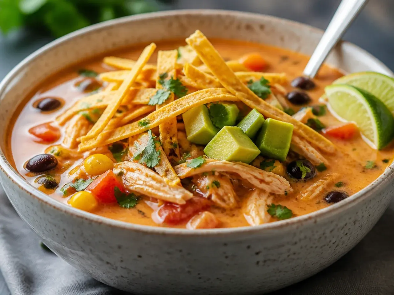 Bowls of creamy chicken tortilla soup with toppings arranged on a wooden table