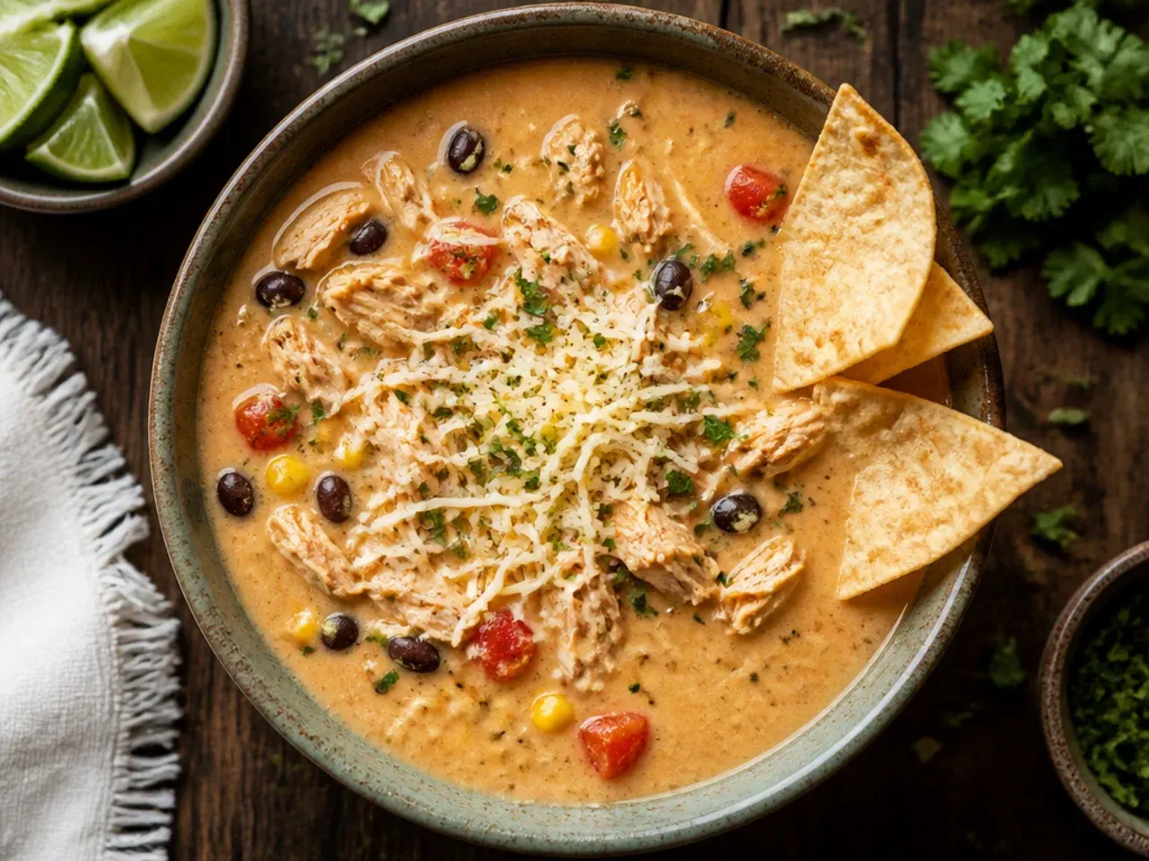 Pot of classic creamy chicken tortilla soup simmering with shredded chicken