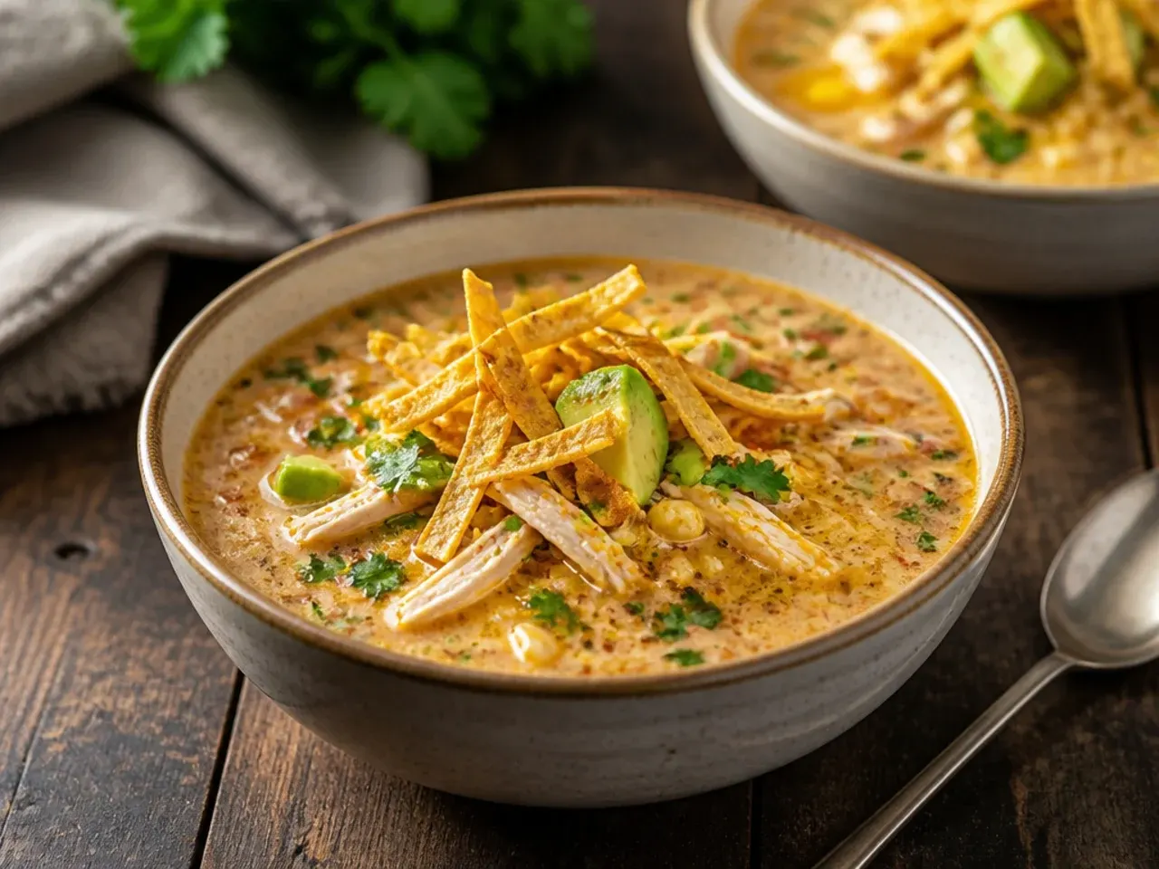 Quick easy creamy chicken tortilla soup with rotisserie chicken in a bowl