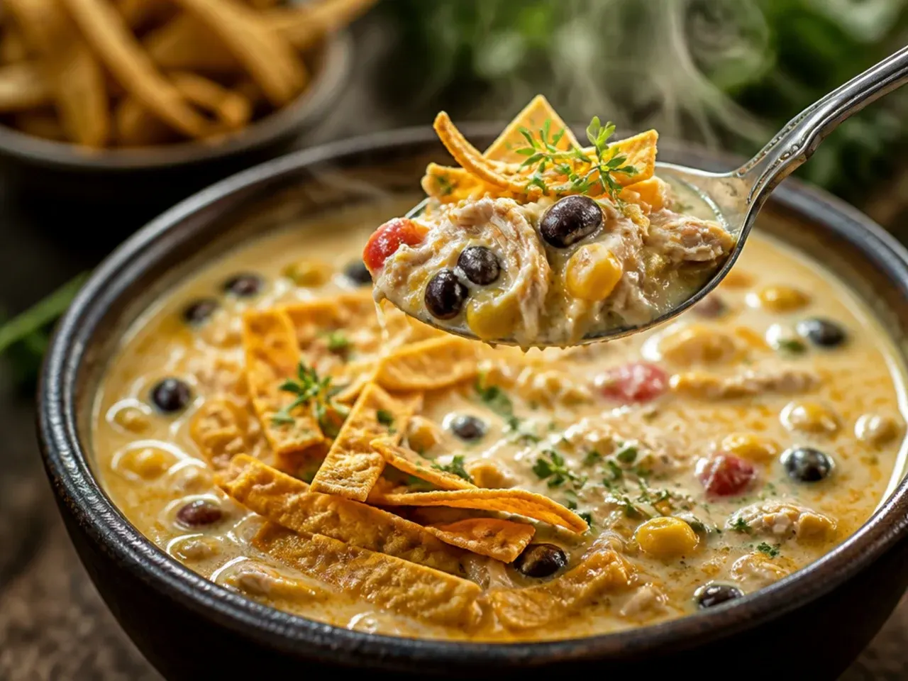 Creamy chicken tortilla soup loaded with extra black beans and sweet corn
