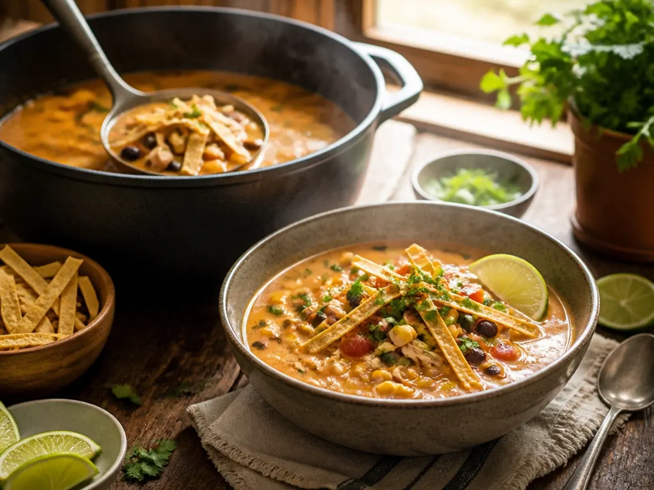 Cozy smoky chipotle creamy chicken tortilla soup with a deep red broth