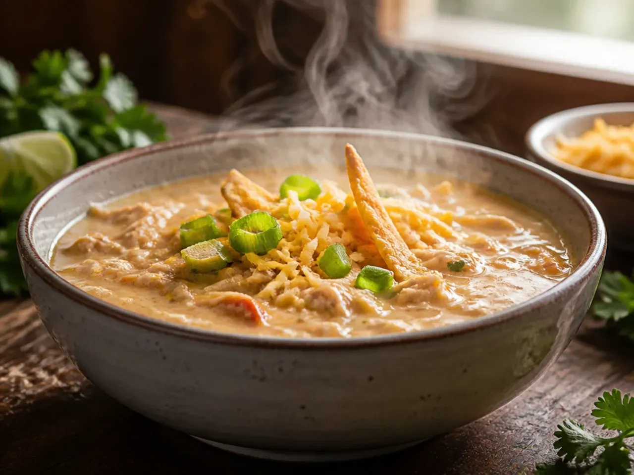 Extra creamy chicken tortilla soup with a thick, velvety broth