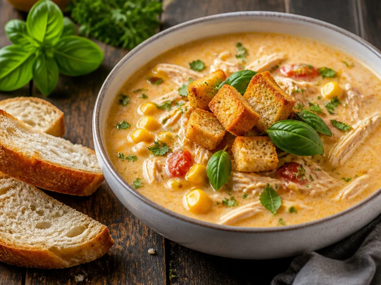 Six simple ingredients laid out for easy creamy chicken tortilla soup