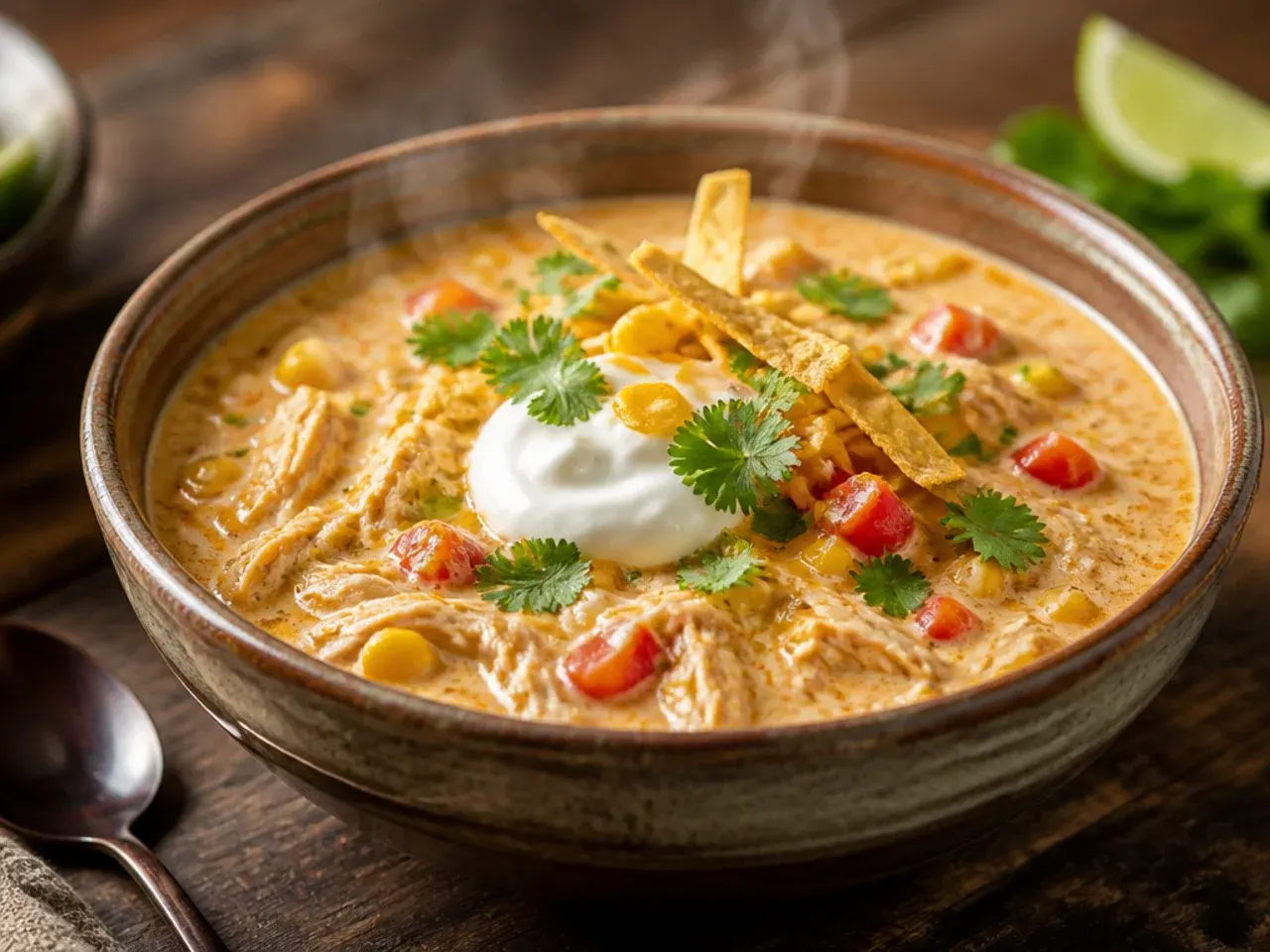 Bowl of cheesy creamy chicken tortilla soup with melted Monterey Jack on top