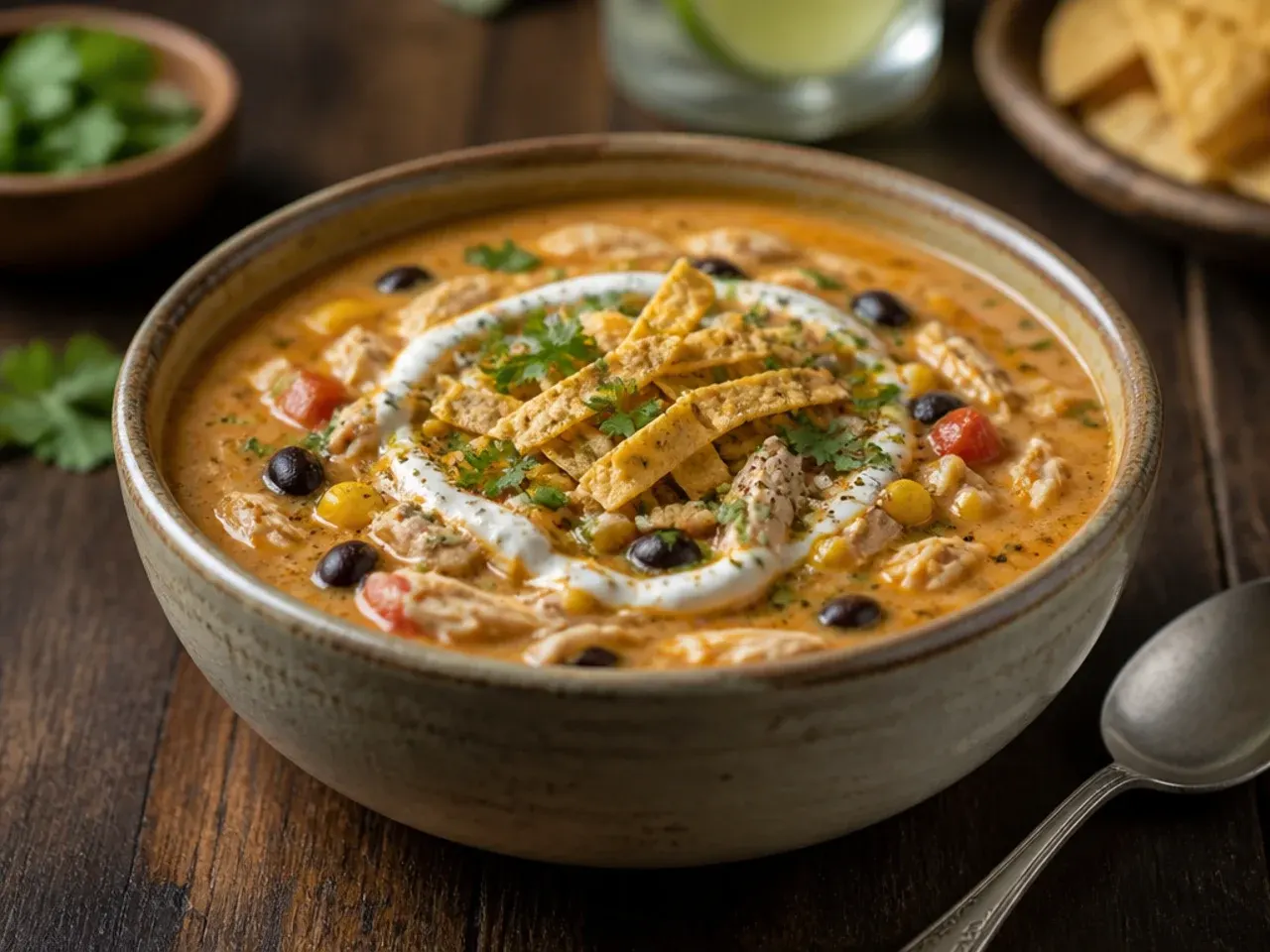 Comforting creamy chicken and rice tortilla soup in a deep bowl