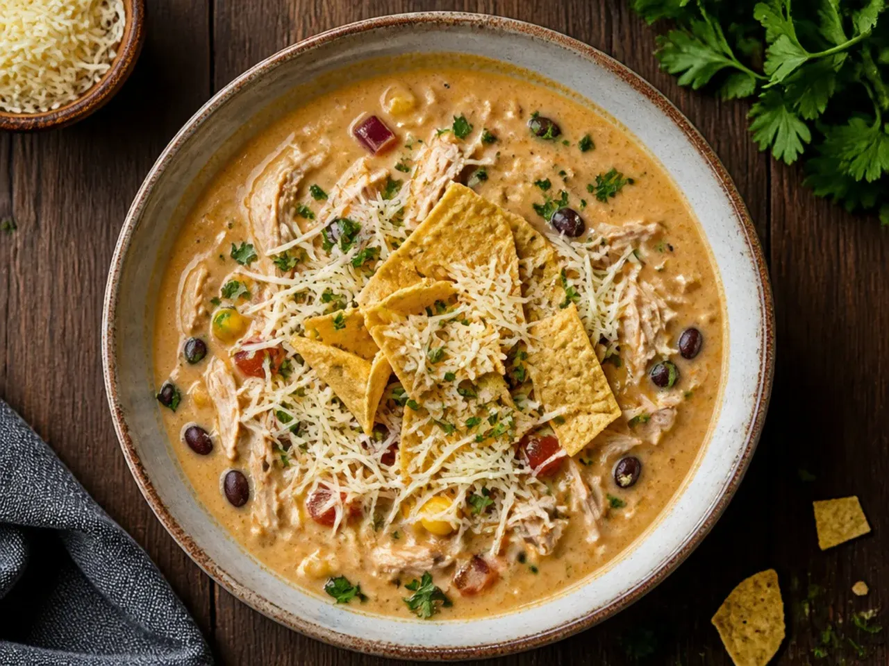 Budget creamy chicken tortilla soup made with canned pantry ingredients